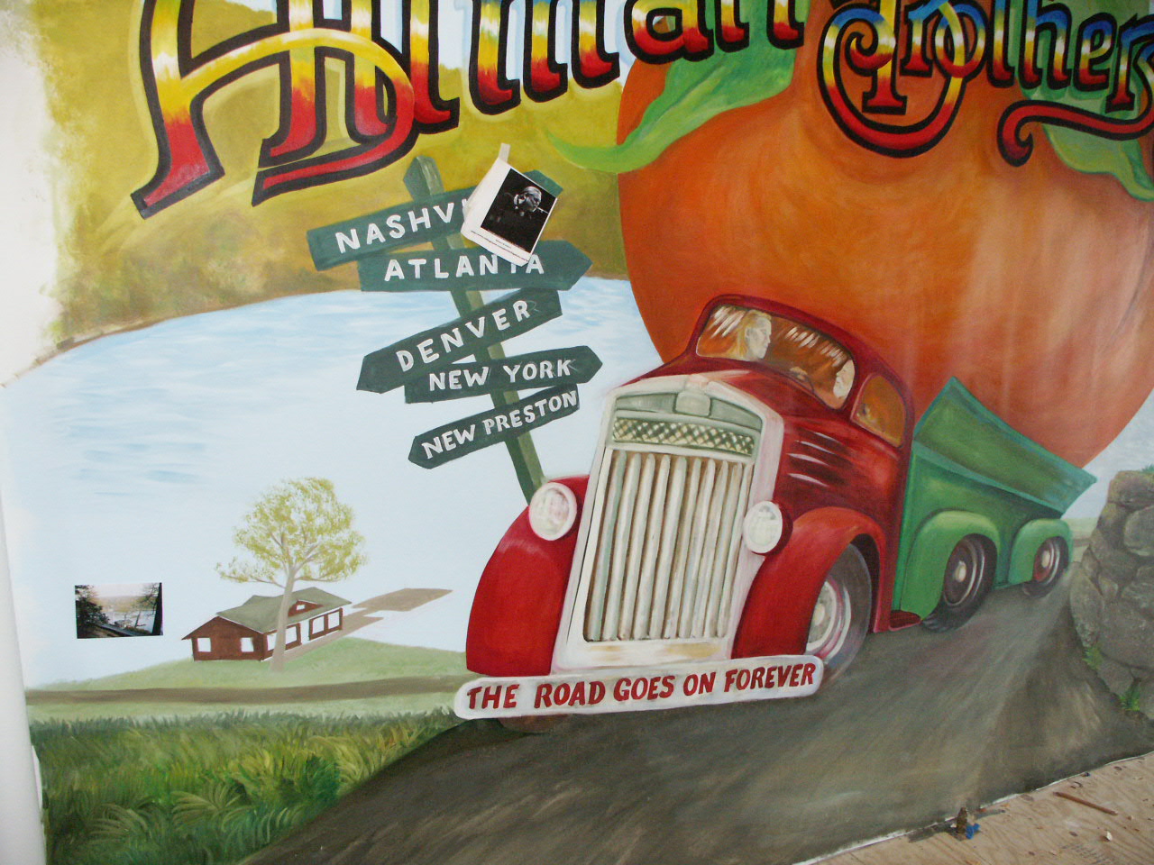 A wall sized painting I had done for my guest house.  Combines Eat a Peach truck , 2003 tour shirt, and my locations.